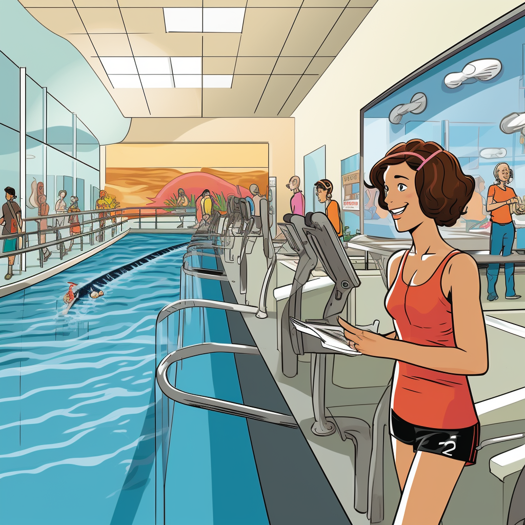 Cartoon athletic lady at swim center front desk