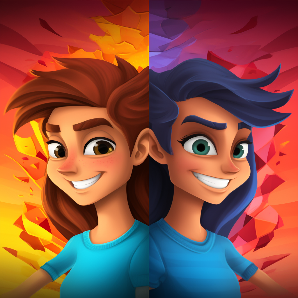 Split Cartoon Avatar Couple with Unique Personalities