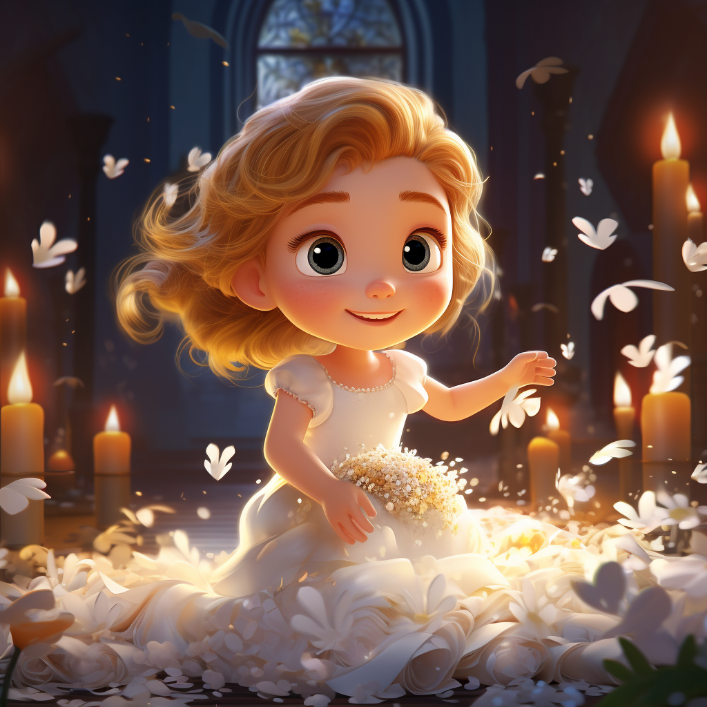 Cartoon baby girl in white dress surrounded by flowers