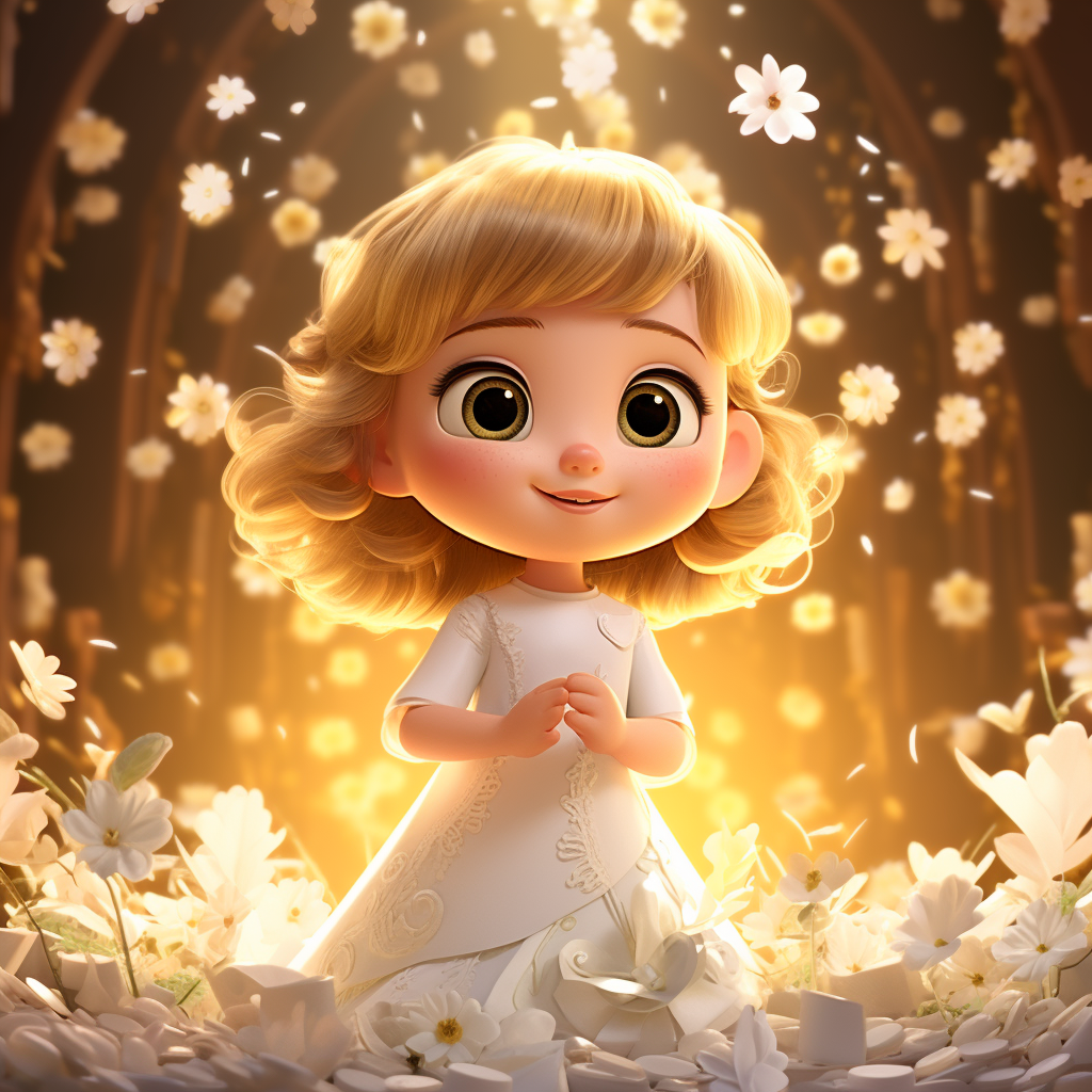 Cute baby girl in white dress with flowers