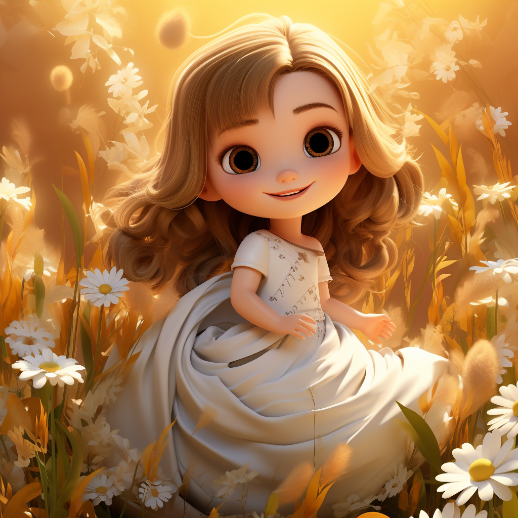 Cartoon baby girl in white dress with flowers