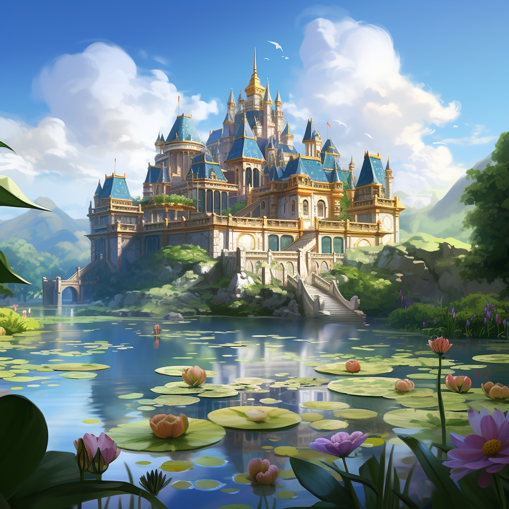 Cartoon background with pond, lotus leaf, kingdom, clean castle