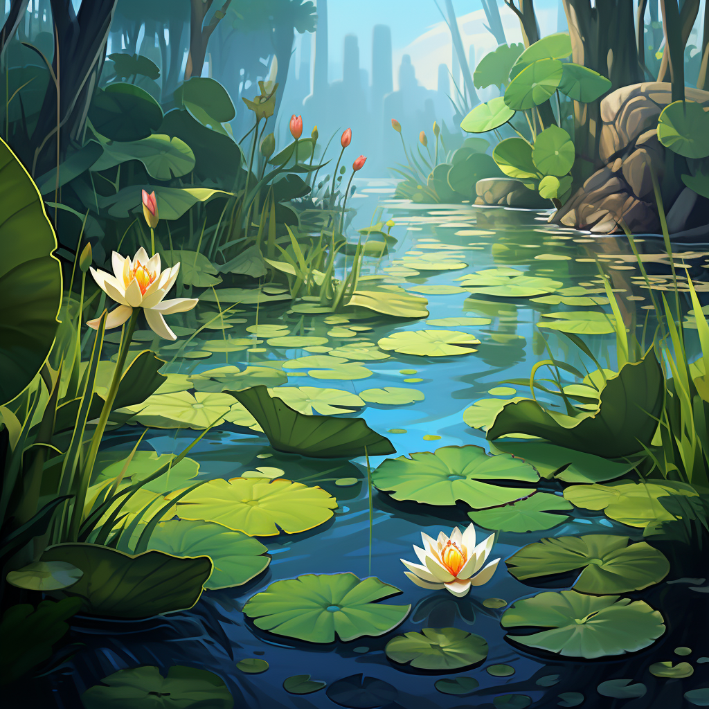 Cartoon backgrounds with pond and lotus leaf kingdom