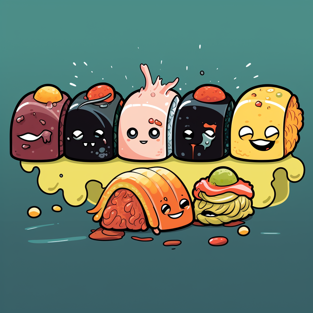 Colorful cartoon bad omens with sushi