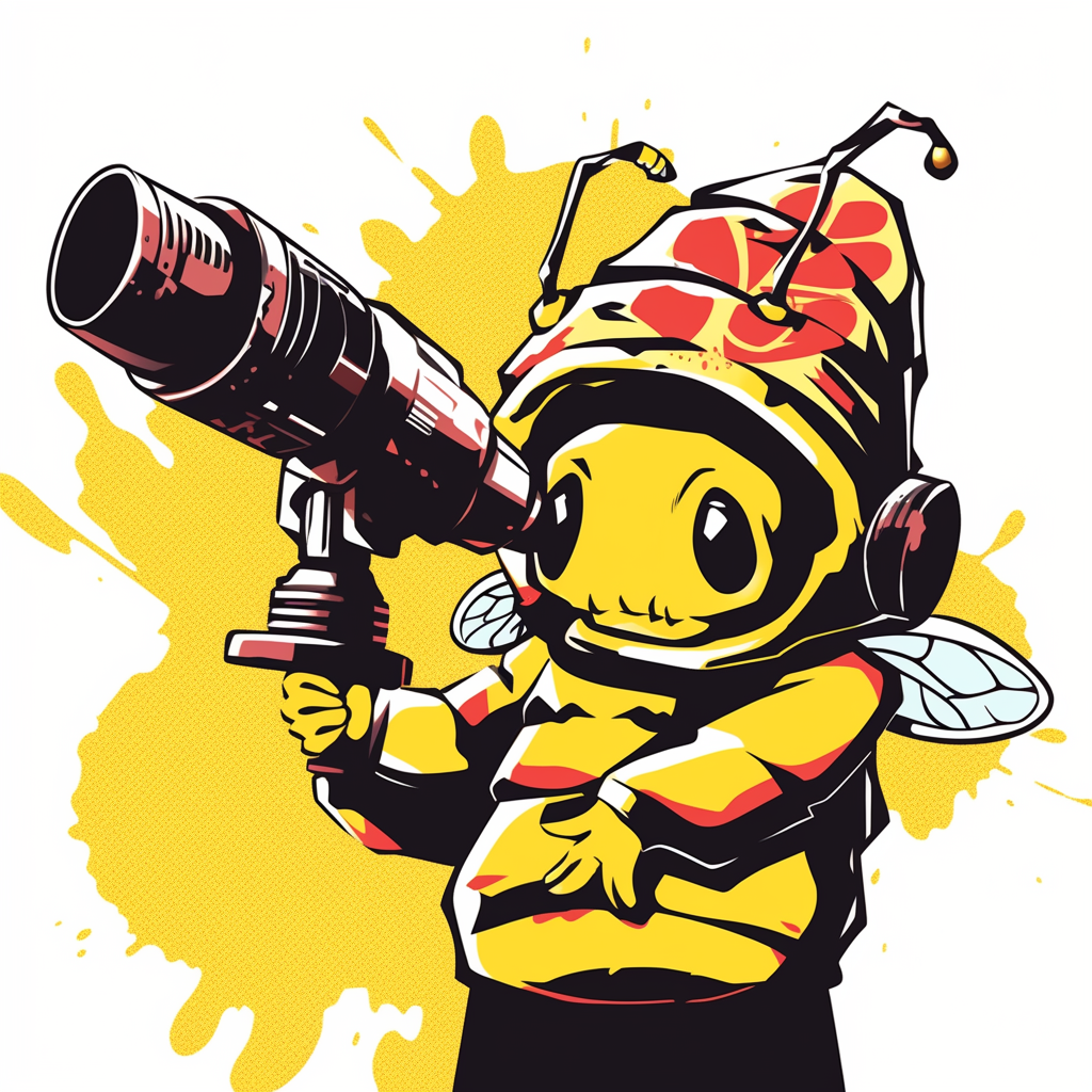 Cartoon bee reporting news in Mr Brainwash style