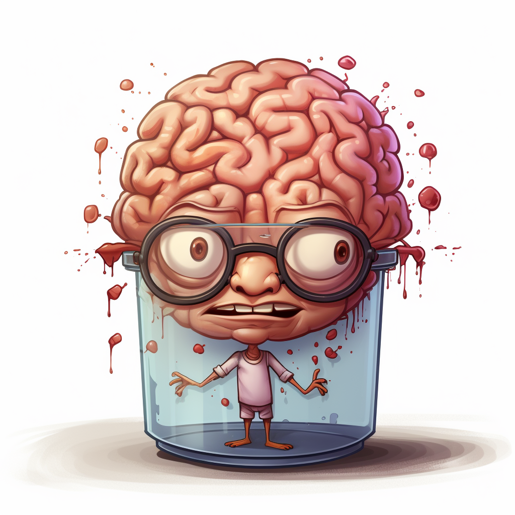 Cartoon brain in vat wearing glasses