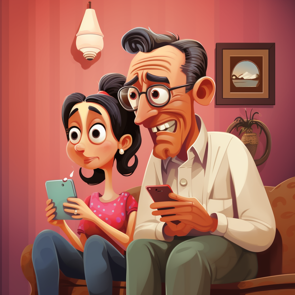 Cartoon caricature couple using mobile phone