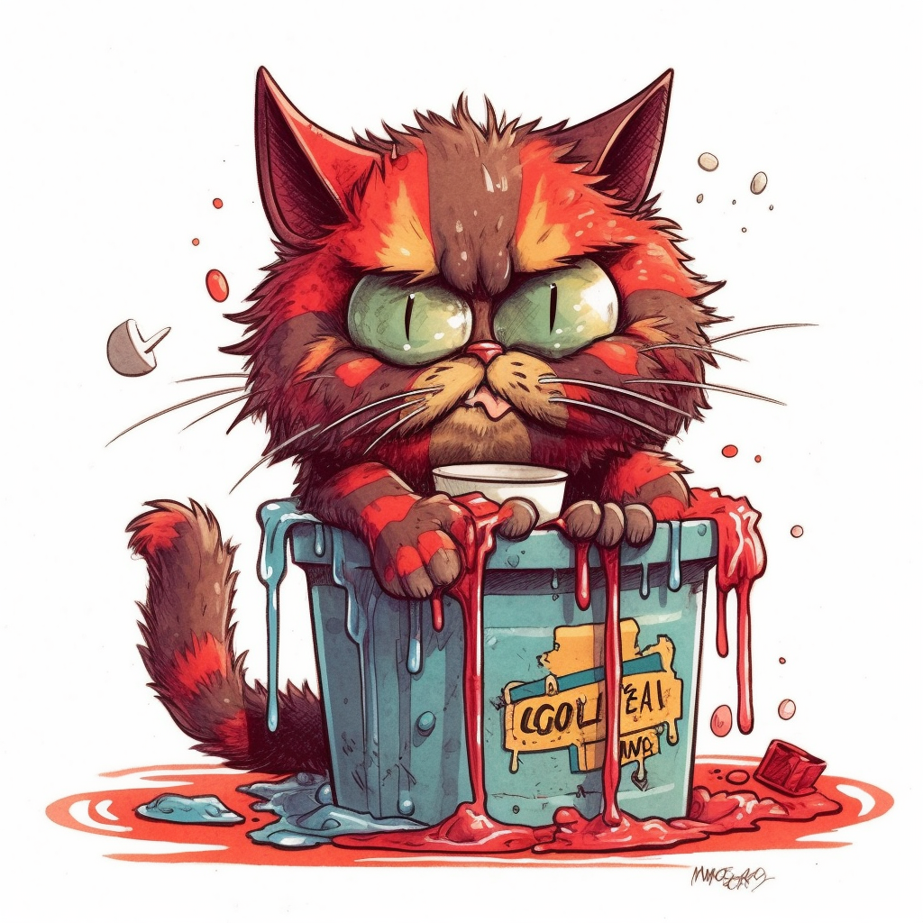 Funny Cartoon Cat Playing in Red Litter Box