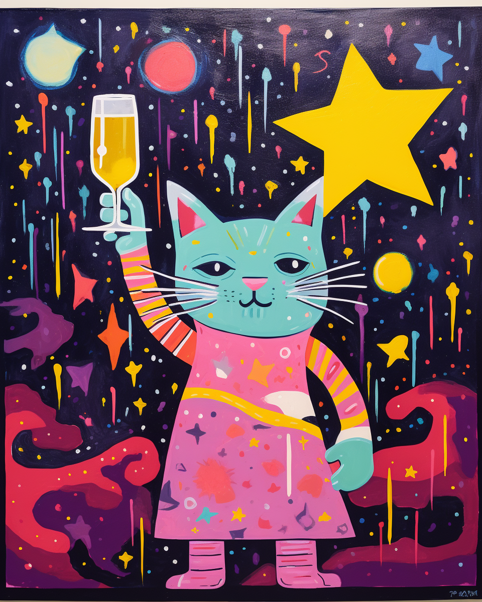 Cartoon cat with wine on disintegrating platform under stars