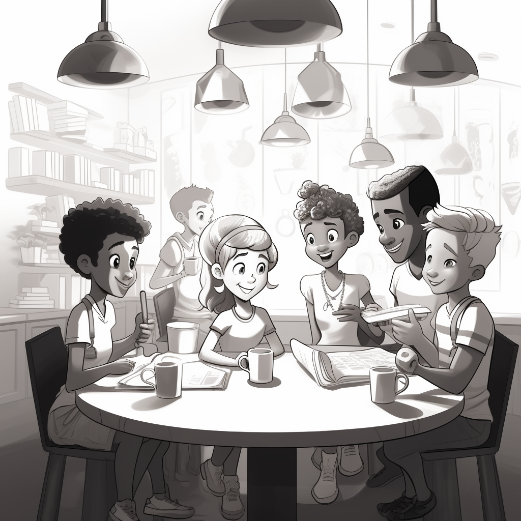 Simple black and white coffee shop cartoon