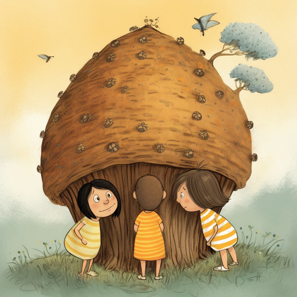 Children captivated by tree-top bee hive