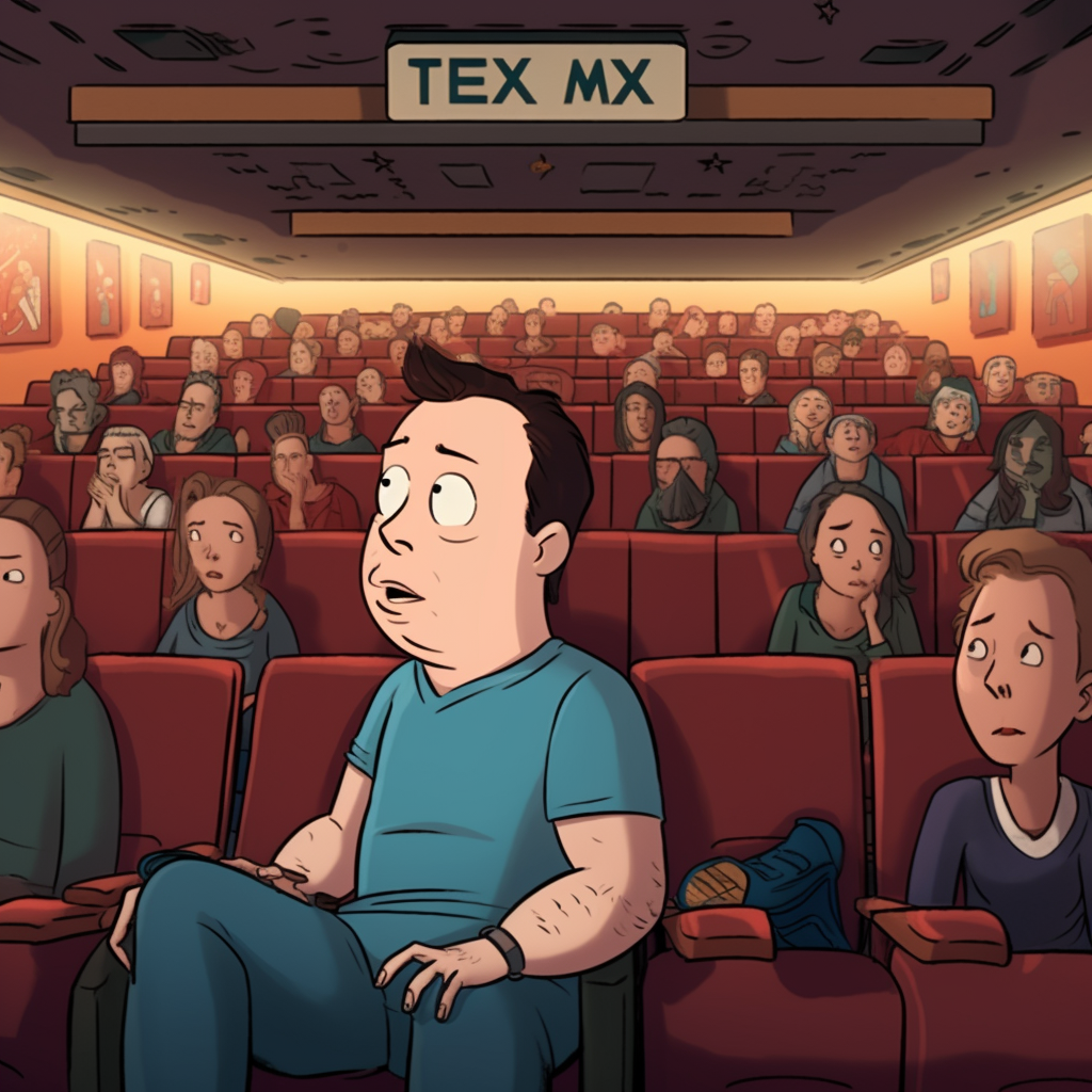 Cartoon Elon Musk at Dark Movie Theatre