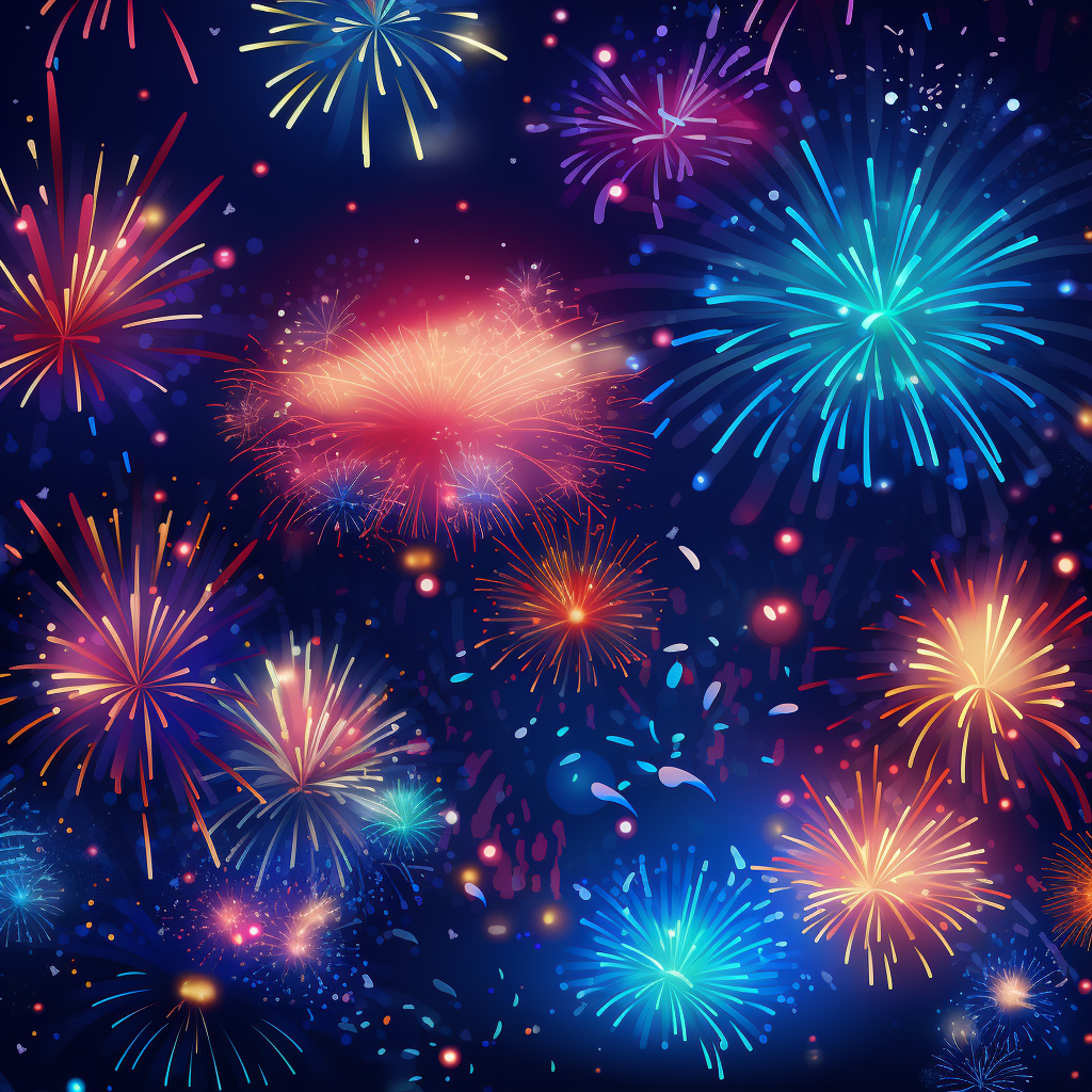 Realistic cartoon fireworks on background