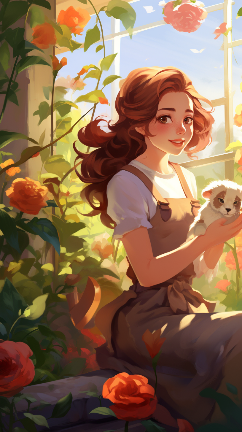 18-year-old woman gardening in a cartoon-style garden