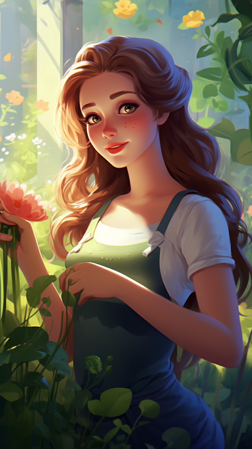 Young woman gardening in a cartoon style