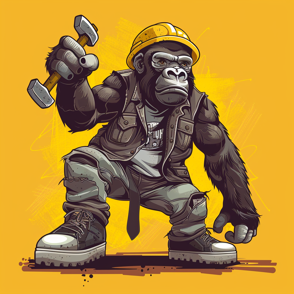 Cartoon gorilla construction worker pointing with hammer