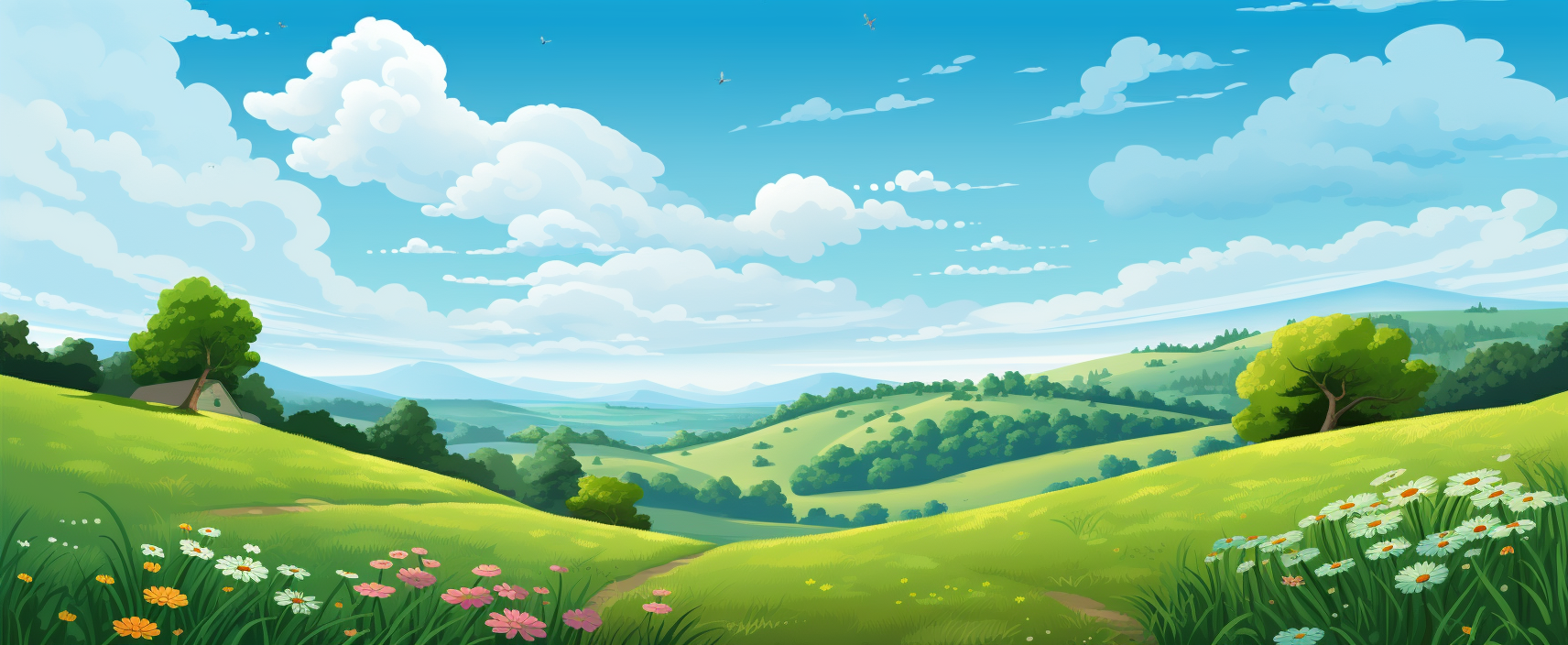 Beautiful Cartoon Meadow with Blue Sky