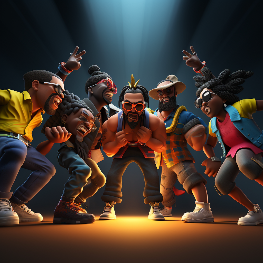 3D cartoon rappers fighting in front of audience