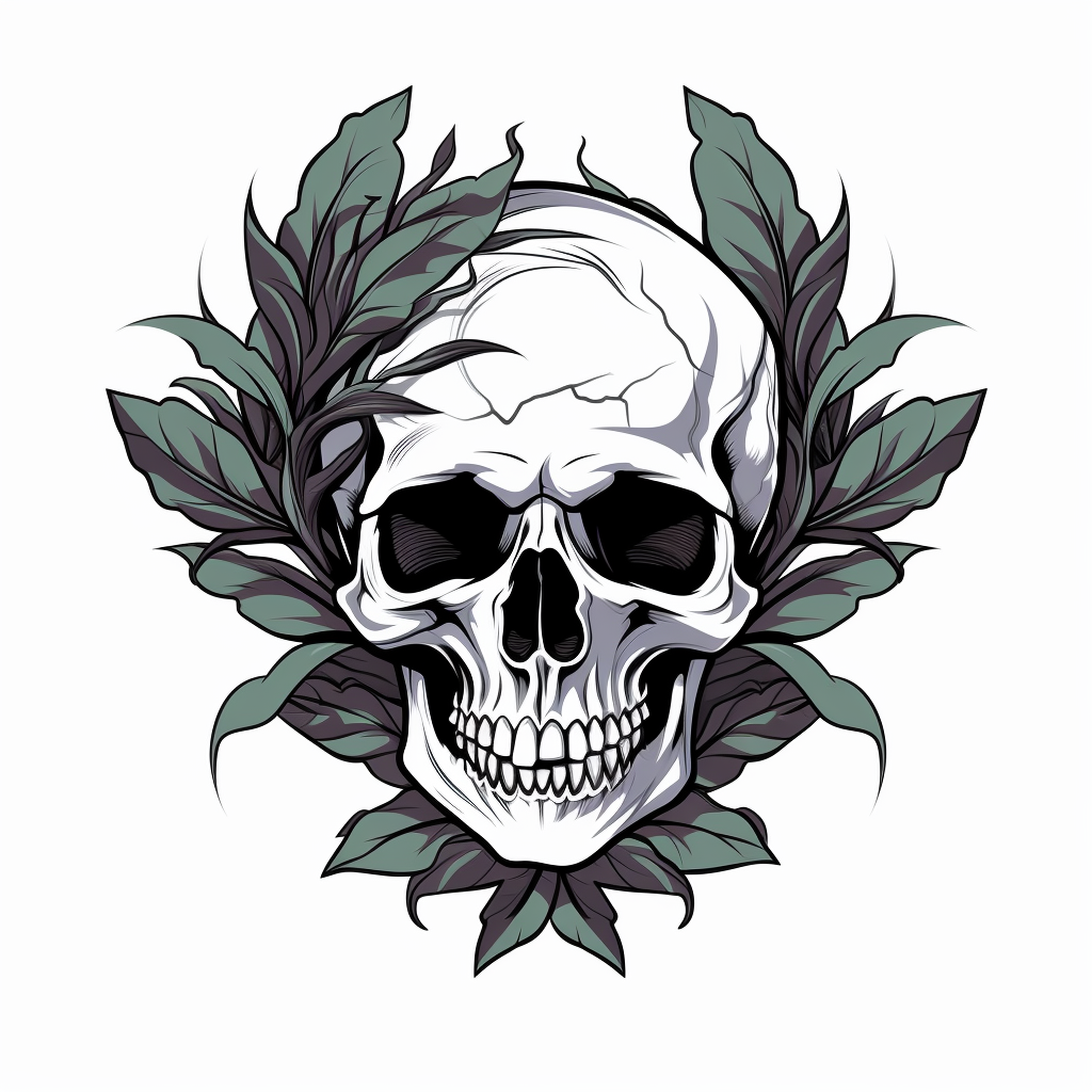 Black and white cartoon skull with laurel leaf