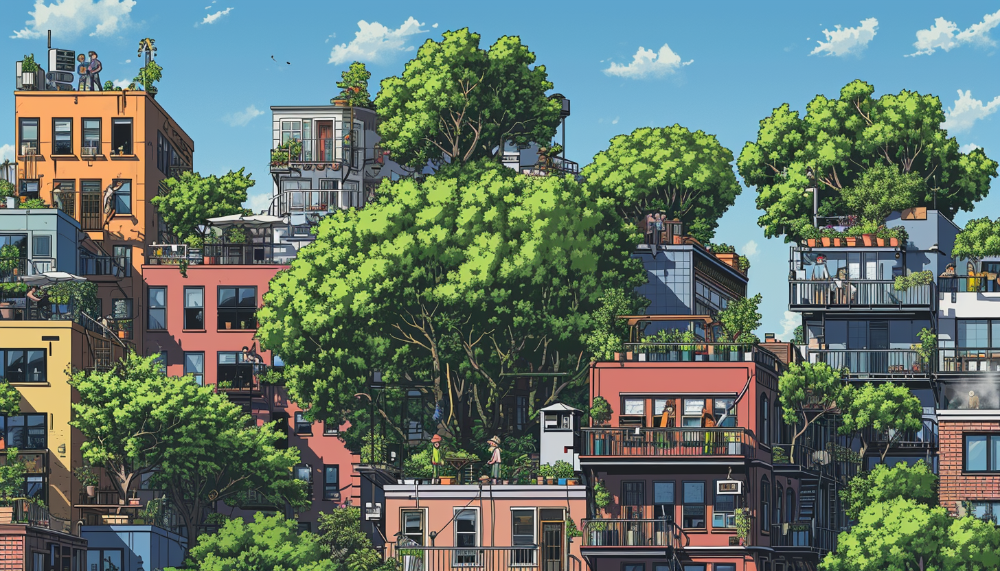 Cartoon trees people buildings realist