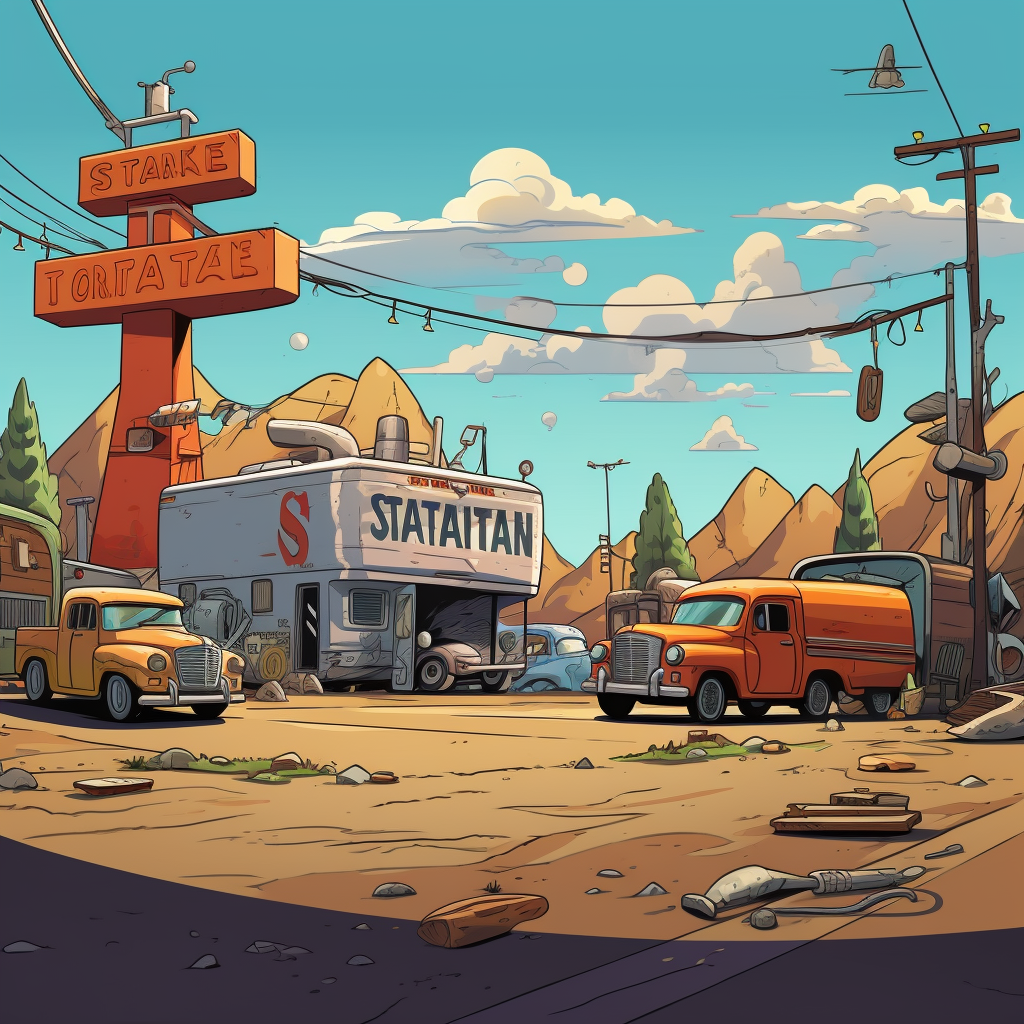 Colorful cartoon truck stop illustration