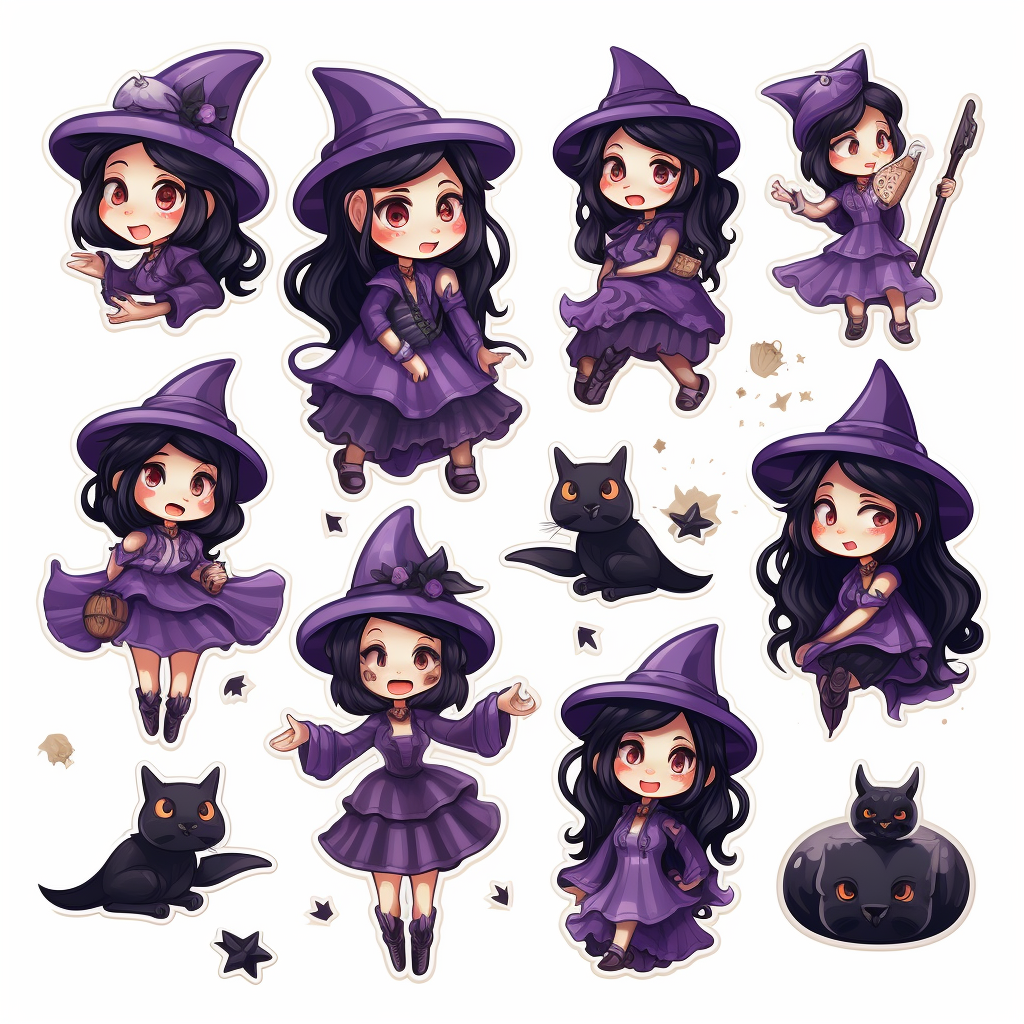 Cartoon witch with various expressions