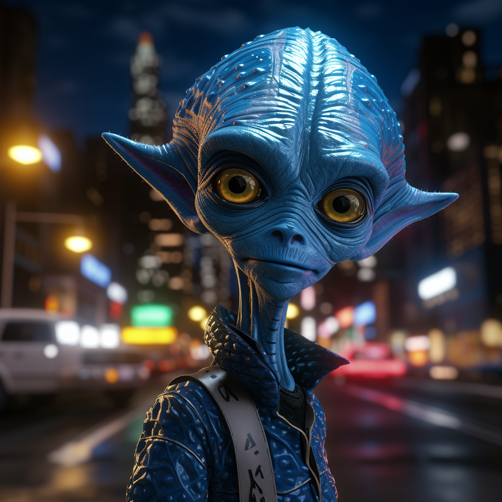 Cartoonish blue alien walking down city street