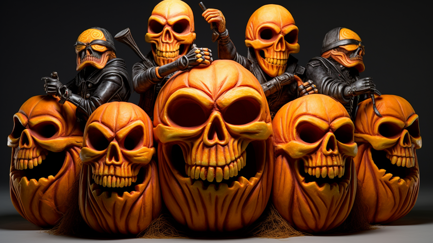 Carved pumpkin head with biker gang attire