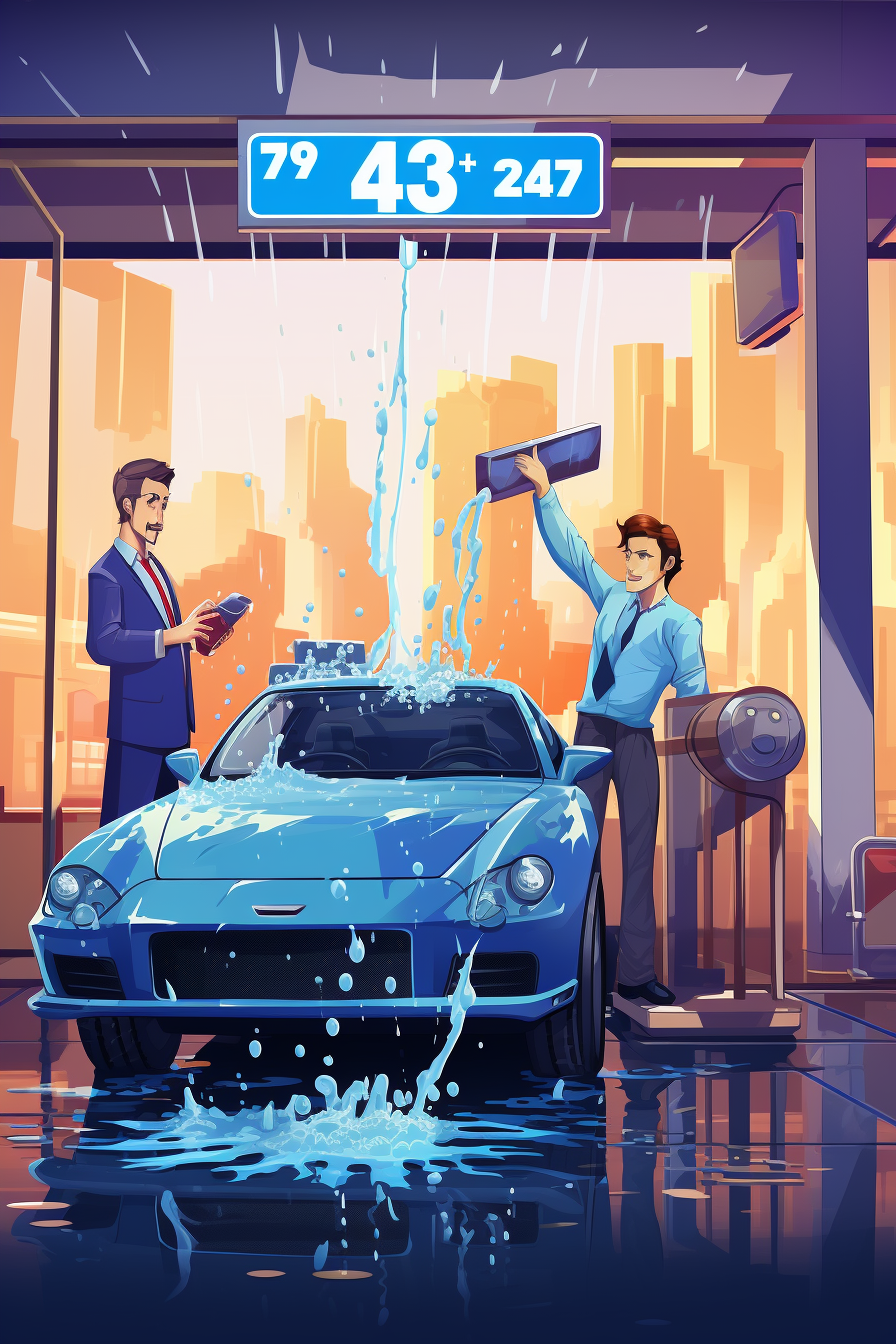 Two men cleaning a shiny car with TV showing up statistics