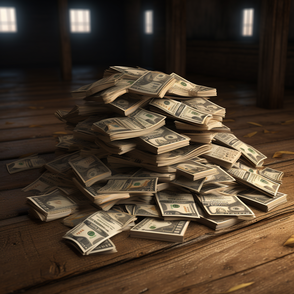 Photorealistic pile of cash on wooden table