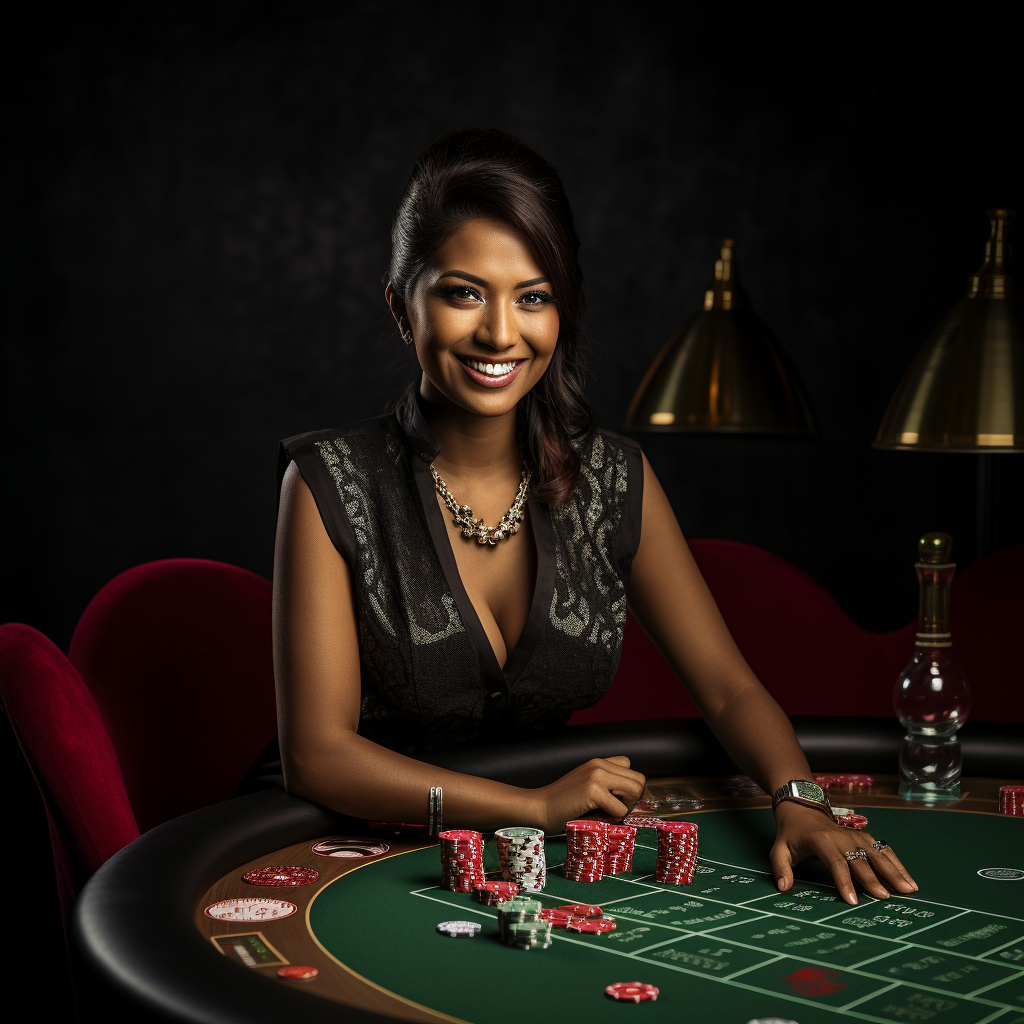 Smiling female casino dealer at a dark table