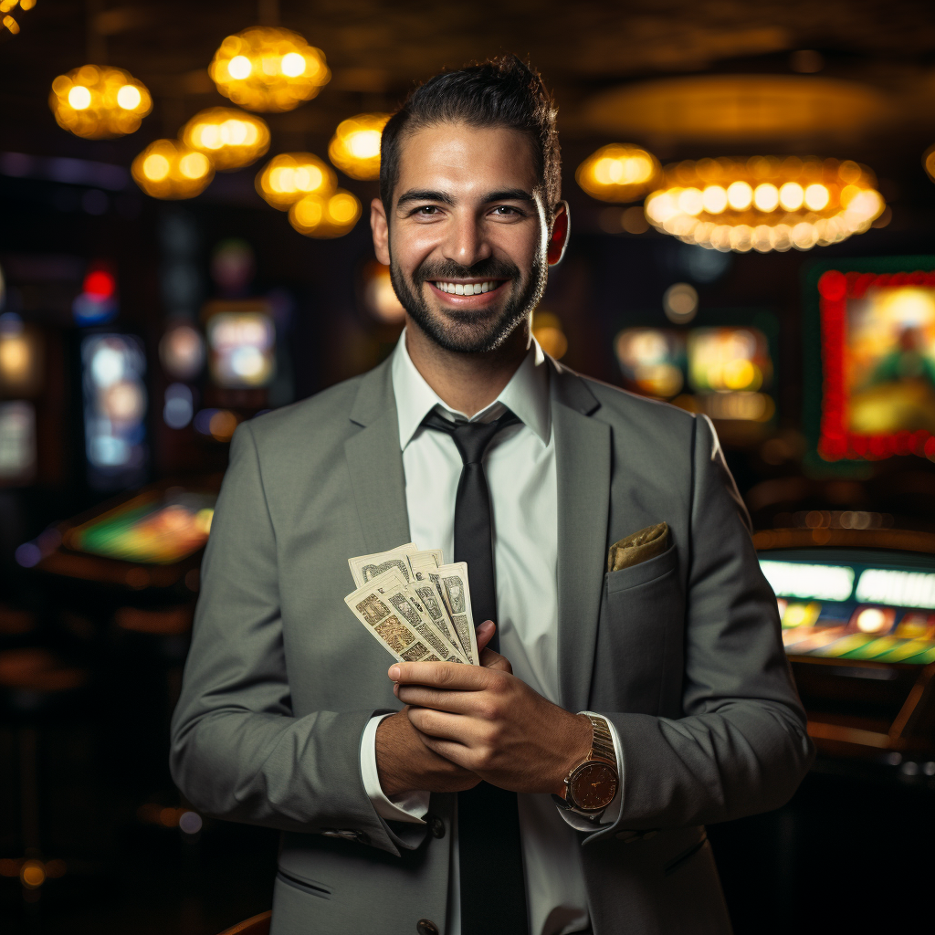 Smiling casino manager with Canadian dollars