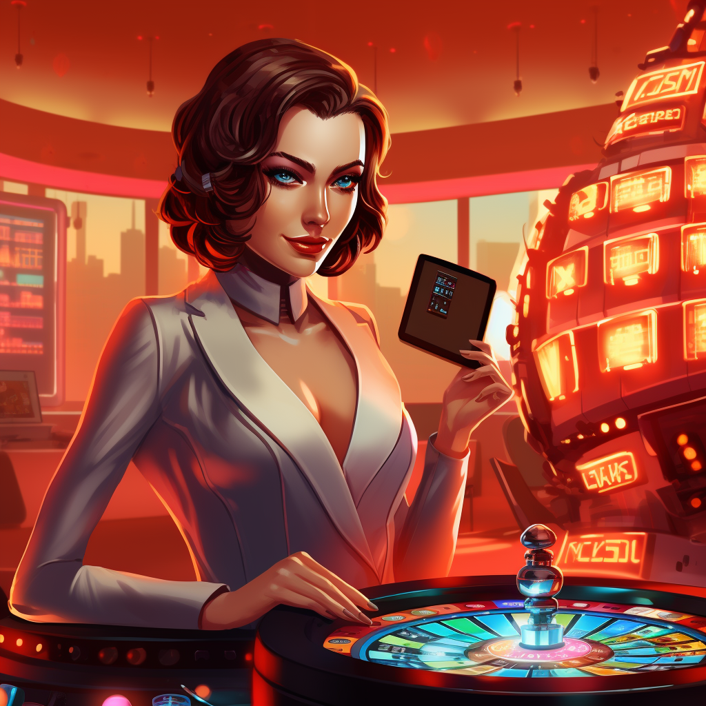 Female robot dealer managing casino roulette wheel