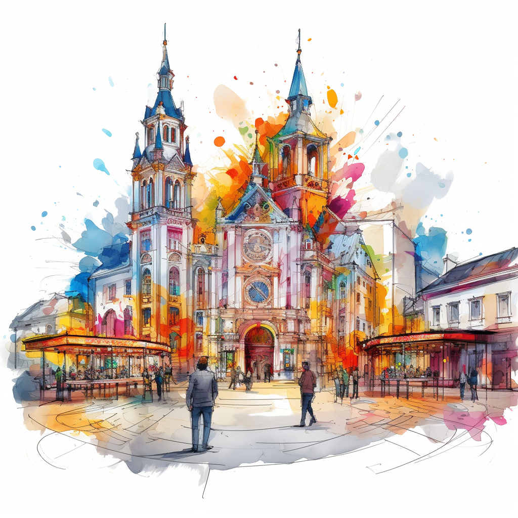 Colorful sketch of casino and church