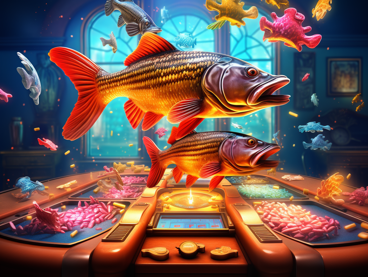 Colorful casino table fishing game with fishes and shotgun