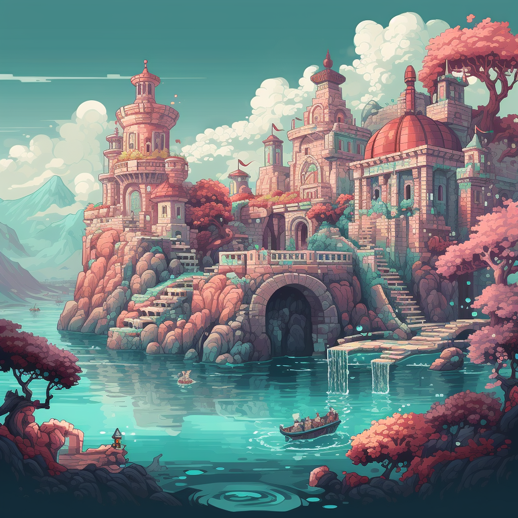 Castle courtyard with coral motif in pixel art style