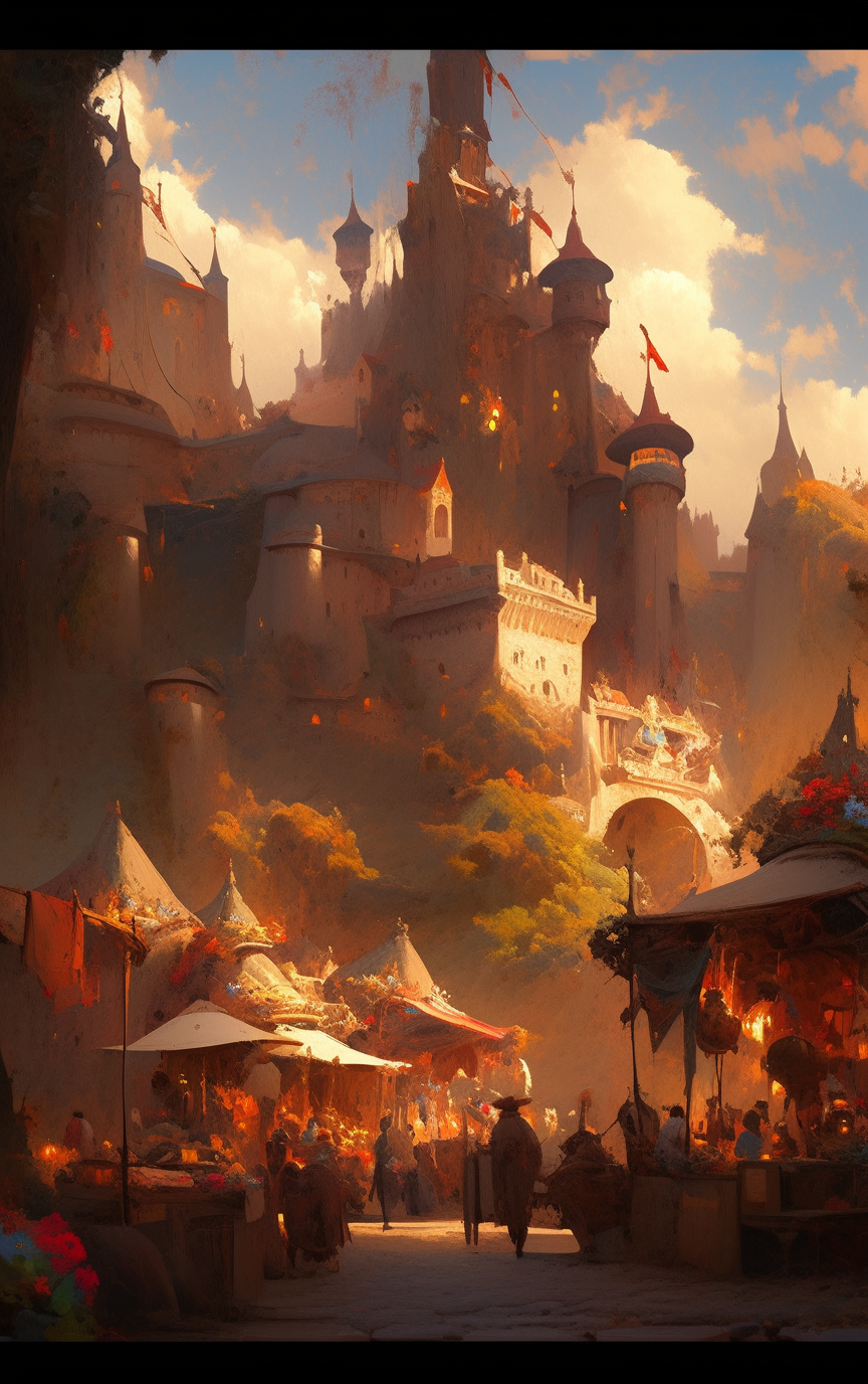 Detailed 3D oil painting of epic castle market