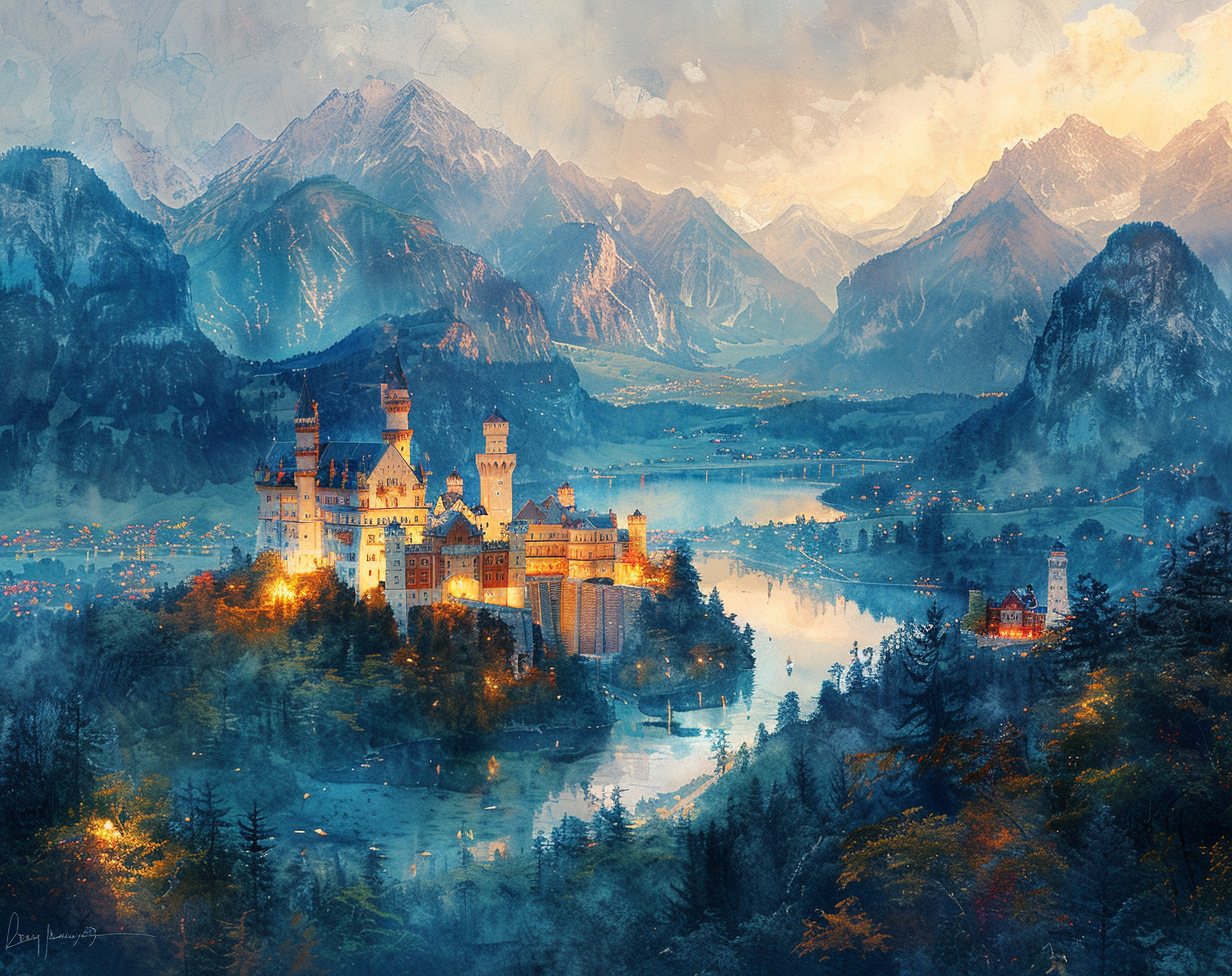 Vibrant watercolor painting of Neuschwanstein Castle