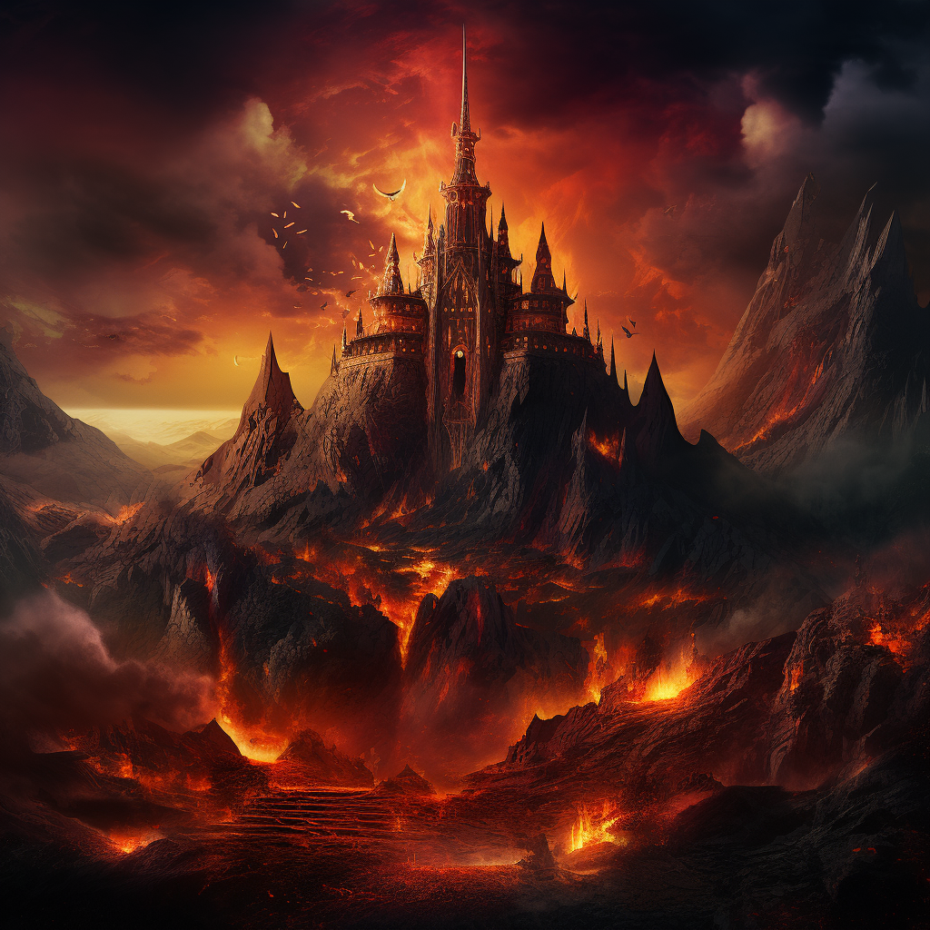 A majestic castle surrounded by a high volcano and flowing lava