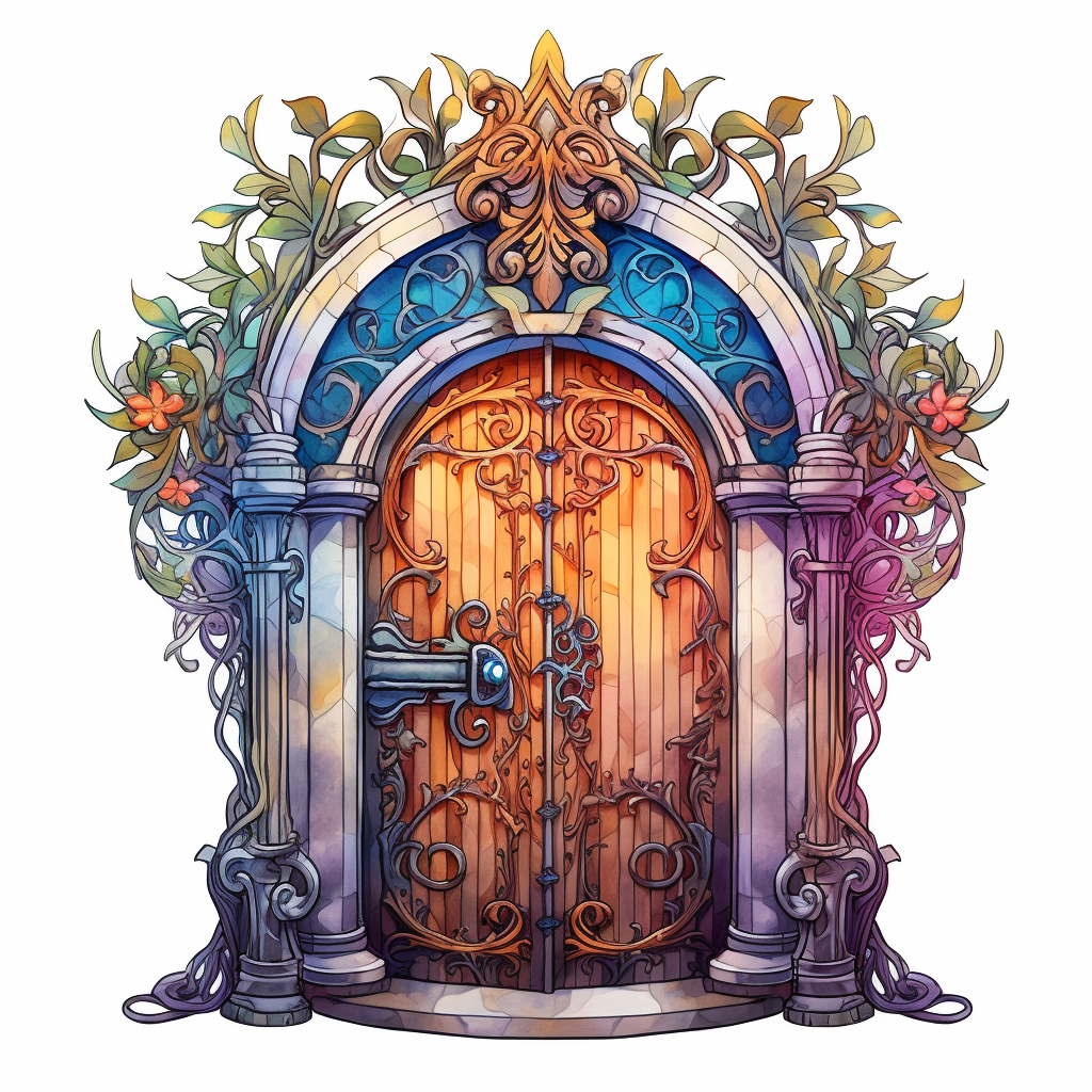 Colorful fantasy castle door illustration