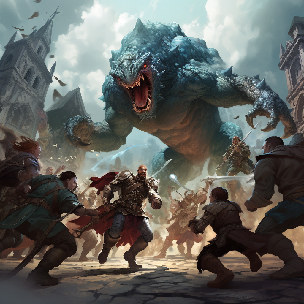 Castlepunk monster attacking adventurers in epic battle