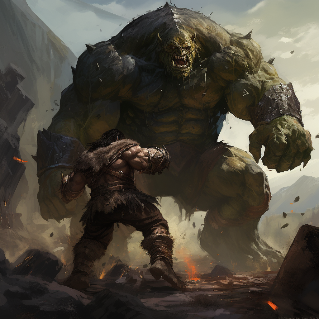 Mighty castlepunk orc fighting monstrous creature