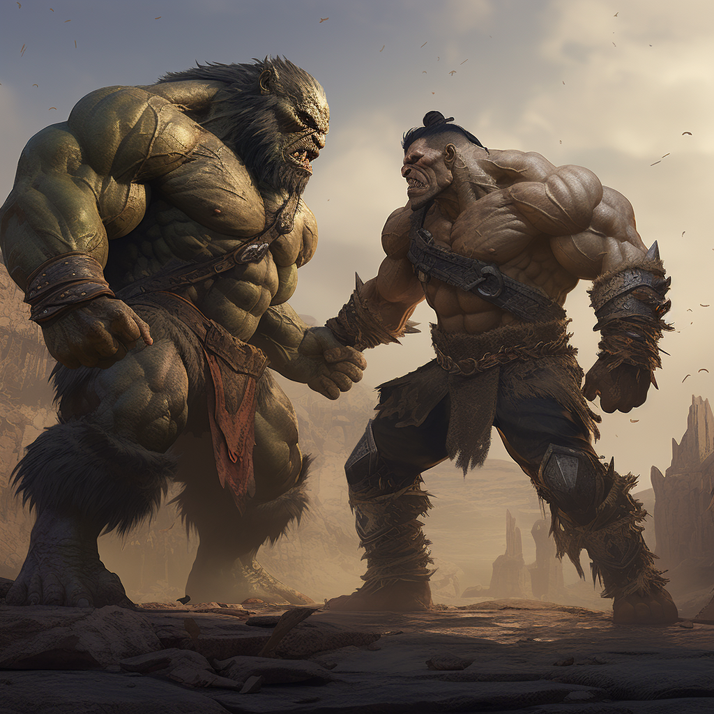 Muscular Castlepunk Orc fighting a demon in epic battle