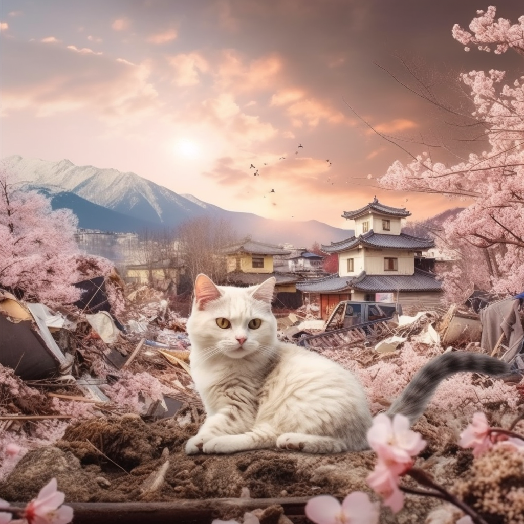 Cat Apocalypse in Sakura Blossoming Japanese Town