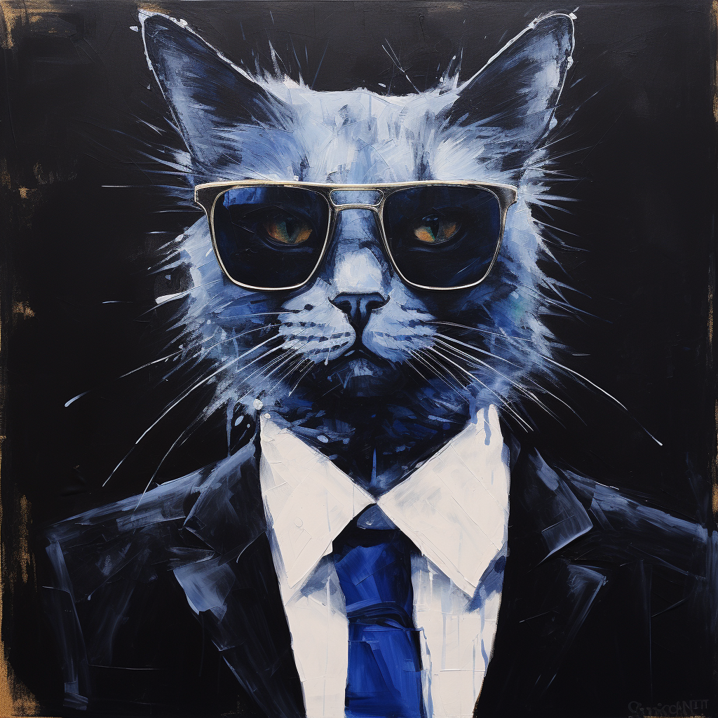 Cool cat wearing a black suit with blue glasses