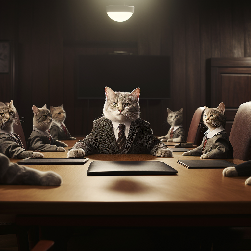 Smart cat posing as human in boardroom