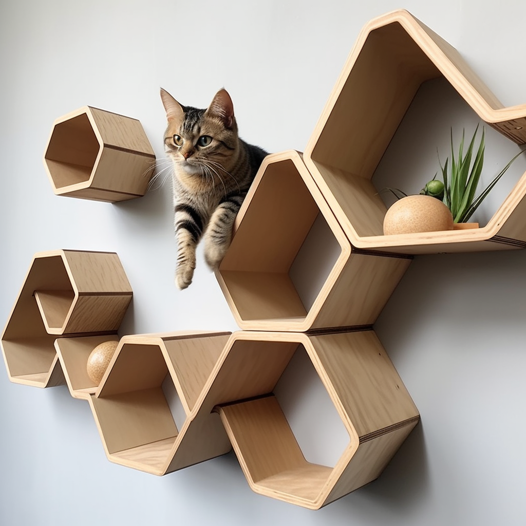 Cat climbing on a wooden wall