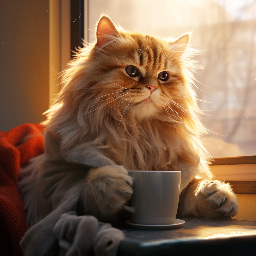 Cat drinking coffee in morning