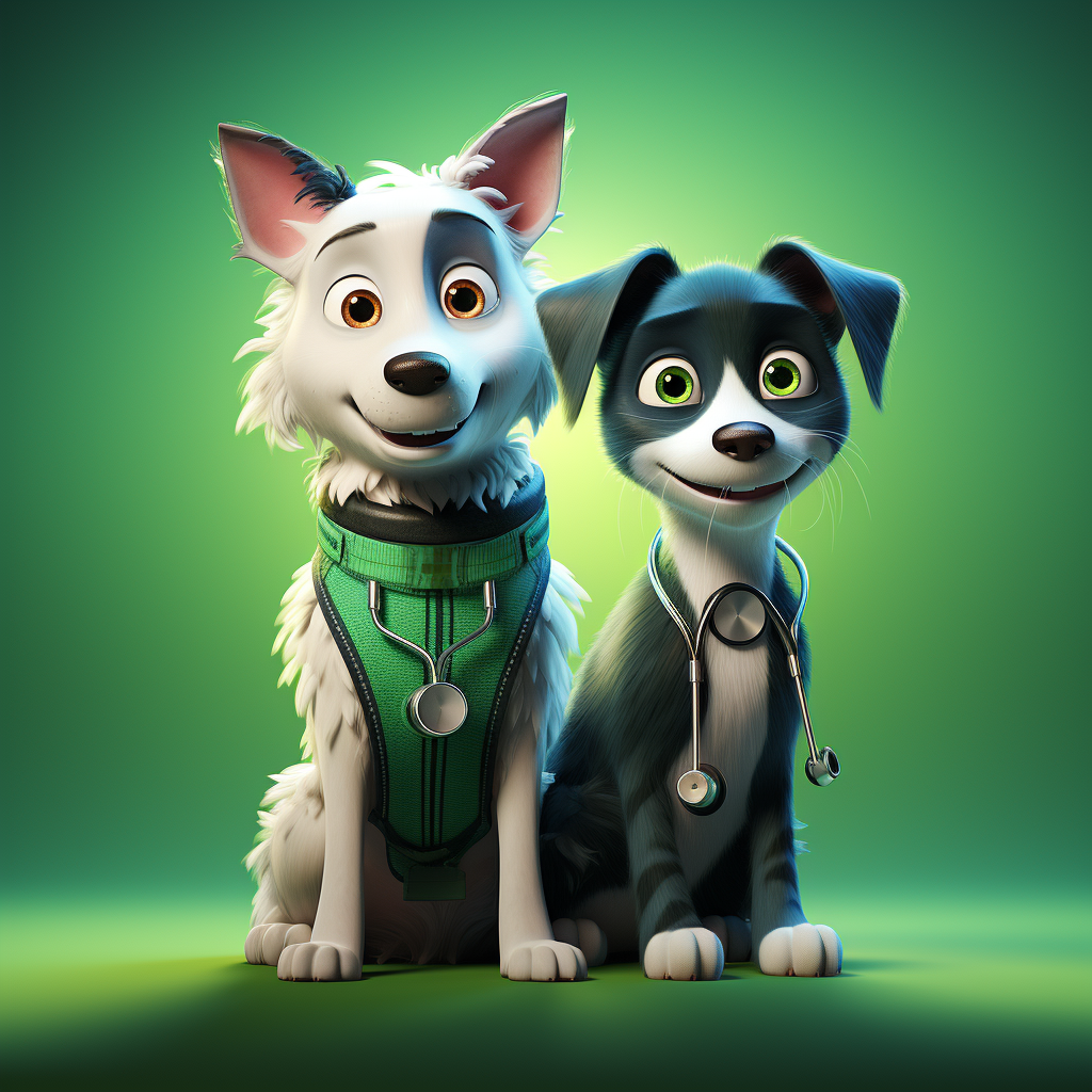 Pixar style cat and dog doctor