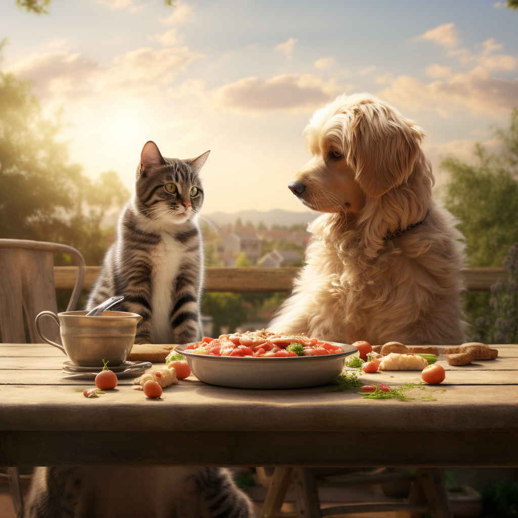 Cat and dog sharing meal